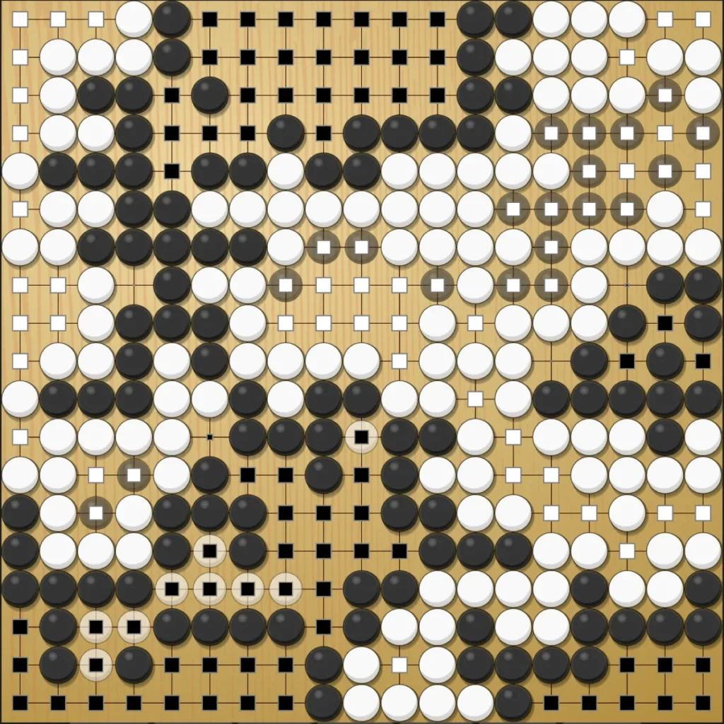 Diagramme d'un goban montrant une fin de partie pour illustrer les captures, les yeux et les territoires.